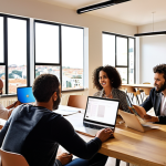 **

"A diverse team of international business professionals in a modern, sunlit co-working space in Lisbon, Portugal. They are collaborating on a project, with laptops and documents spread across a large table.  Focus on positive energy and teamwork.  Incorporate elements of Portuguese design subtly in the background."

**