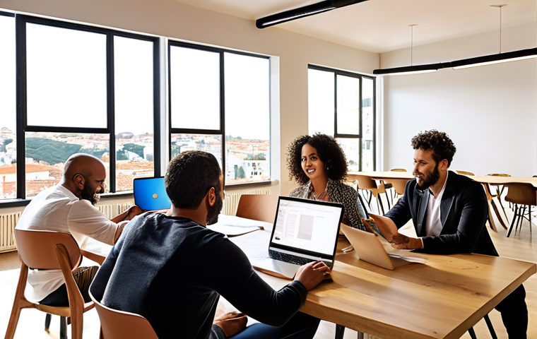 **
"A diverse team of international business professionals in a modern, sunlit co-working space in Lisbon, Portugal. They are collaborating on a project, with laptops and documents spread across a large table. Focus on positive energy and teamwork. Incorporate elements of Portuguese design subtly in the background."
**