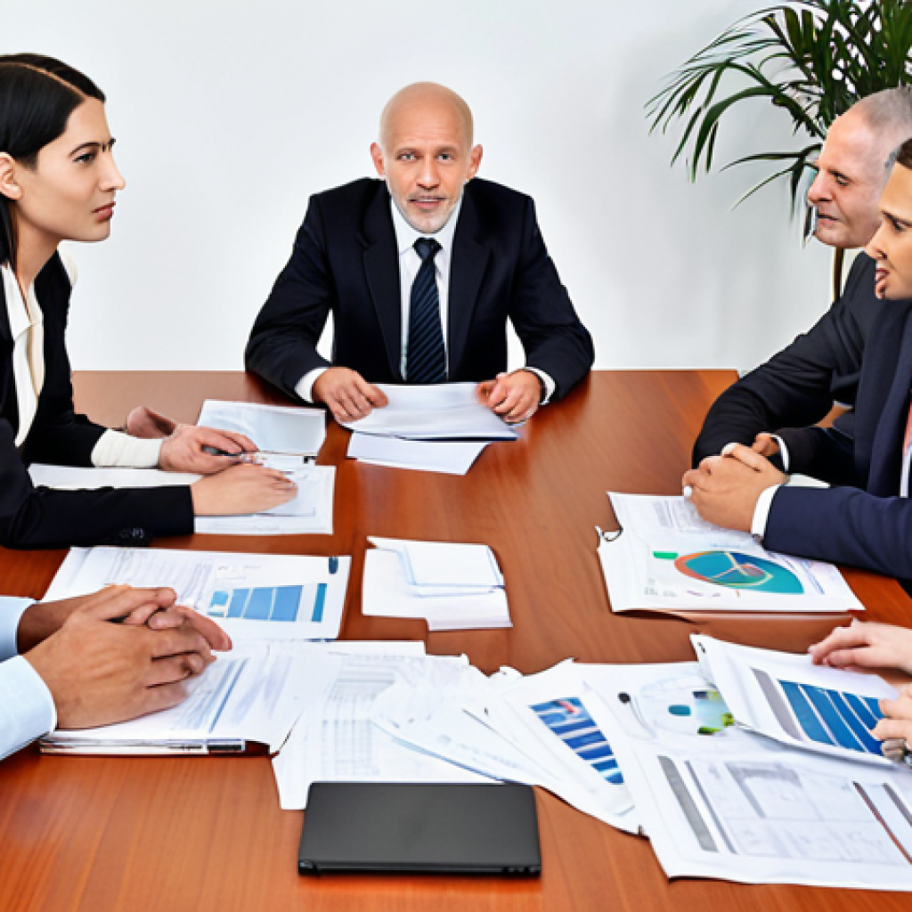 **Global Business Meeting:** A diverse group of professionals from different countries engaged in a lively discussion around a conference table, with laptops and documents scattered around. Focus on expressions of understanding, agreement, and collaboration.
