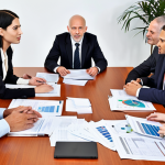 **Global Business Meeting:** A diverse group of professionals from different countries engaged in a lively discussion around a conference table, with laptops and documents scattered around. Focus on expressions of understanding, agreement, and collaboration.