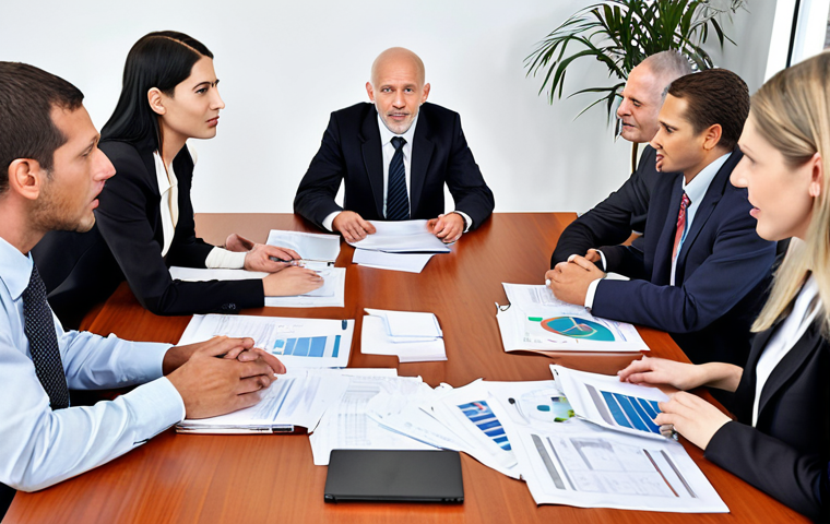 **Global Business Meeting:** A diverse group of professionals from different countries engaged in a lively discussion around a conference table, with laptops and documents scattered around. Focus on expressions of understanding, agreement, and collaboration.