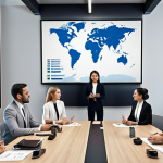 **A professionally dressed young professional confidently presenting a global business strategy during a meeting in a modern office. The setting should feature subtle visual elements alluding to international trade and cultural exchange.**