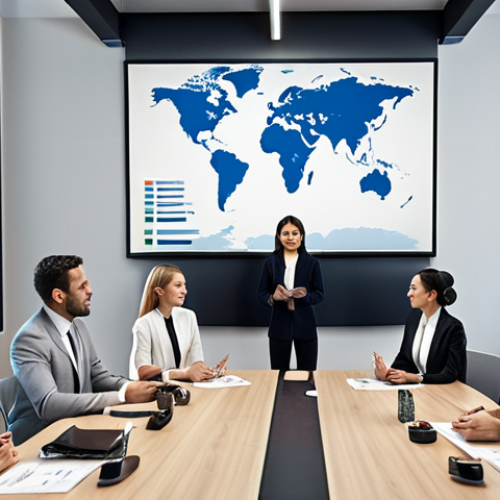 Home 21 **A professionally dressed young professional confidently presenting a global business strategy during a meeting in a modern office. The setting should feature subtle visual elements alluding to international trade and cultural exchange.**