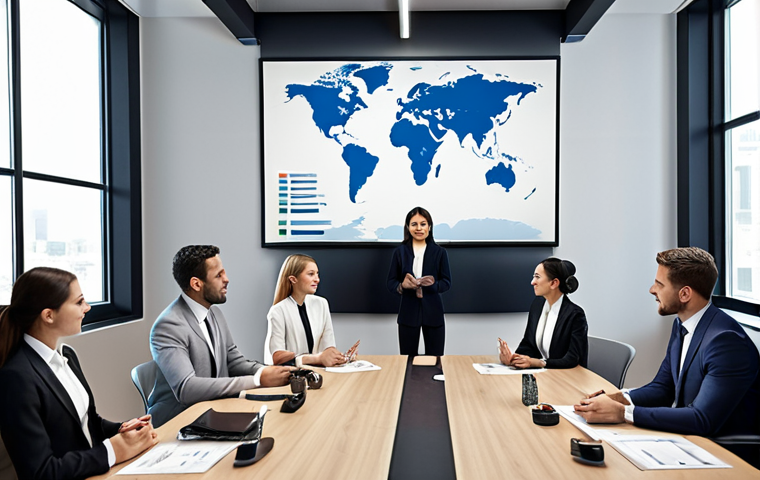 **A professionally dressed young professional confidently presenting a global business strategy during a meeting in a modern office. The setting should feature subtle visual elements alluding to international trade and cultural exchange.**