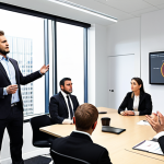 ** A person confidently presenting a business case, using visually engaging slides and demonstrating strong oratory skills to an attentive audience in a modern office setting. Focus on conveying impact and persuasion.

**