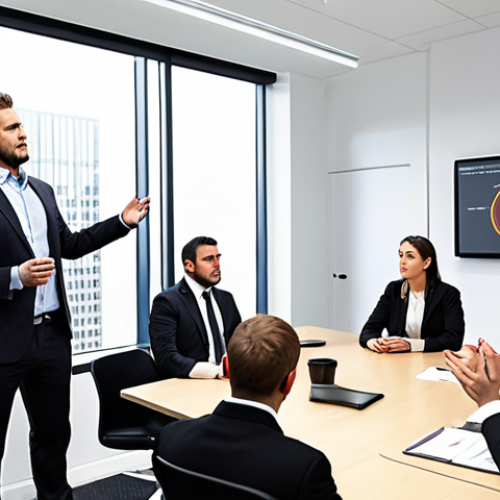 Home 10 ** A person confidently presenting a business case, using visually engaging slides and demonstrating strong oratory skills to an attentive audience in a modern office setting. Focus on conveying impact and persuasion.
**