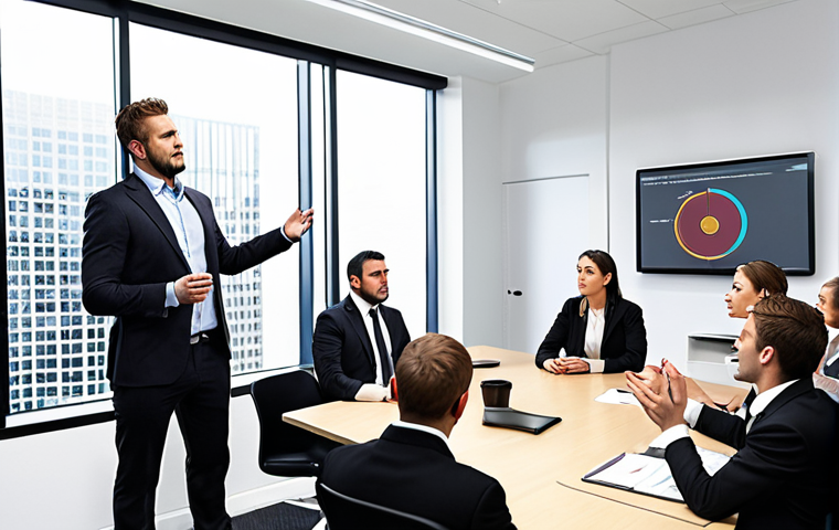 ** A person confidently presenting a business case, using visually engaging slides and demonstrating strong oratory skills to an attentive audience in a modern office setting. Focus on conveying impact and persuasion.
**