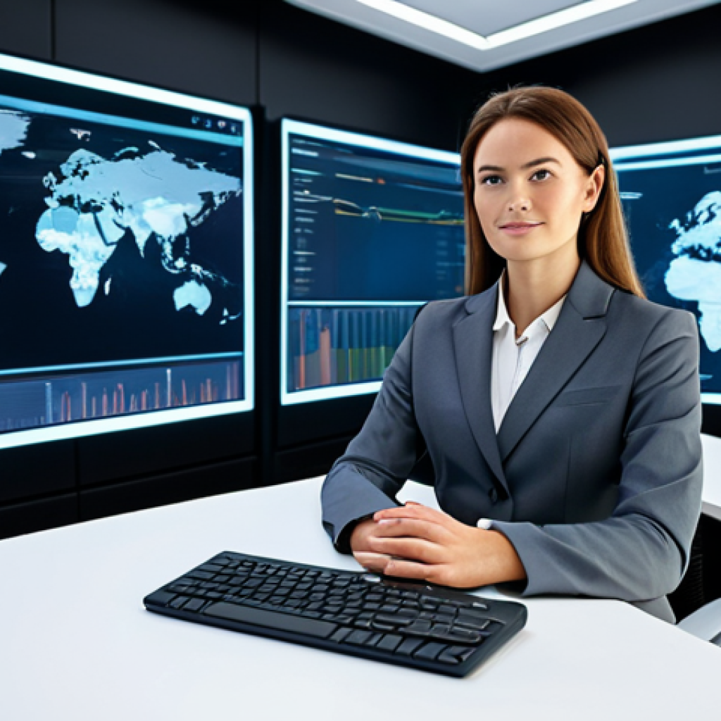 A professional businesswoman in a modest business suit, sitting confidently at a sleek, modern desk in a futuristic, open-plan office. Large digital screens in the background display global data visualizations and subtle holographic elements suggest advanced technology integration. The focus is on digital transformation and global connectivity, with a clean and bright aesthetic. fully clothed, appropriate attire, safe for work, perfect anatomy, correct proportions, natural pose, well-formed hands, proper finger count, natural body proportions, professional photography, high quality.