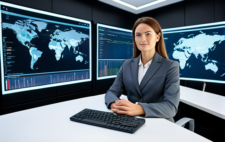 A professional businesswoman in a modest business suit, sitting confidently at a sleek, modern desk in a futuristic, open-plan office. Large digital screens in the background display global data visualizations and subtle holographic elements suggest advanced technology integration. The focus is on digital transformation and global connectivity, with a clean and bright aesthetic. fully clothed, appropriate attire, safe for work, perfect anatomy, correct proportions, natural pose, well-formed hands, proper finger count, natural body proportions, professional photography, high quality.