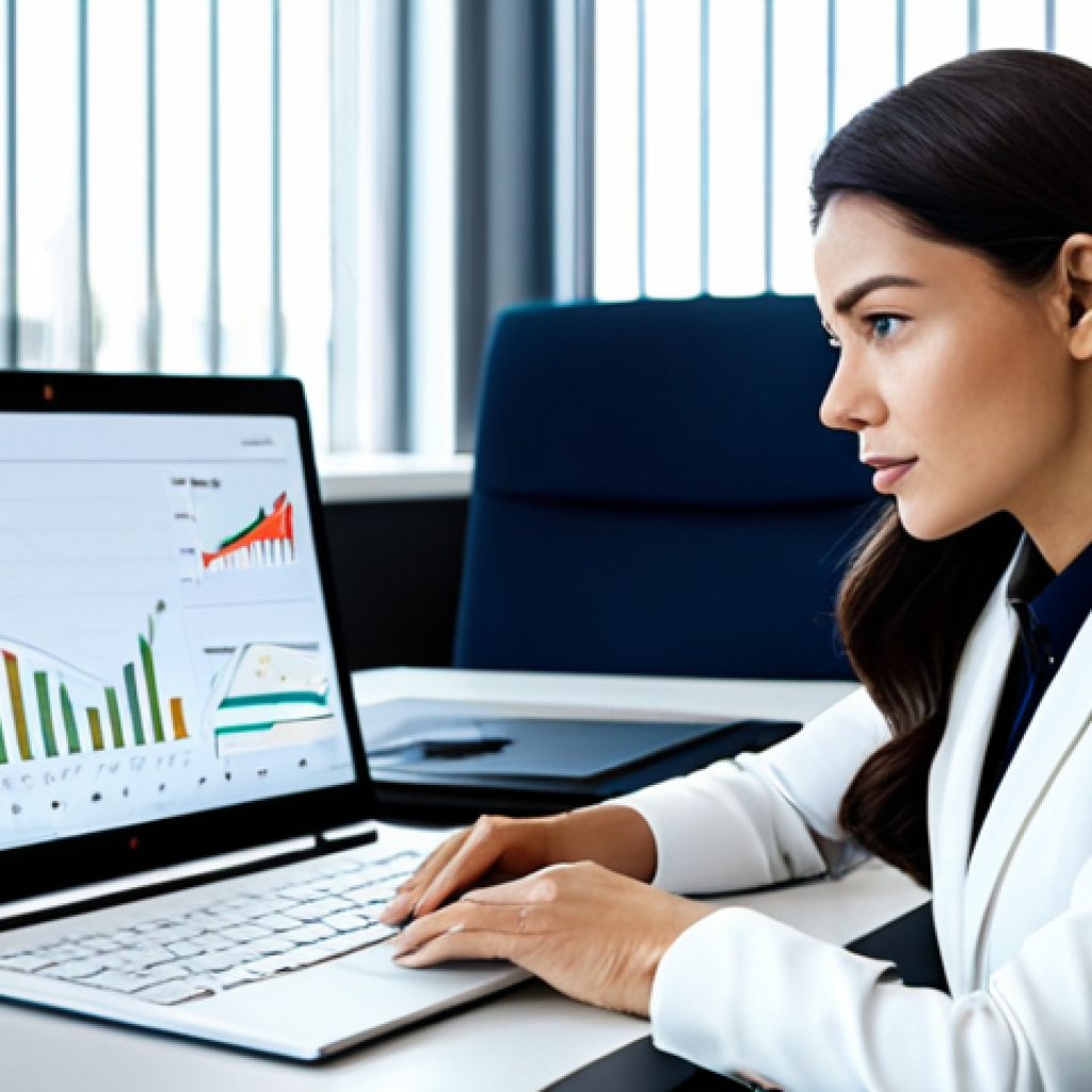 A calm and focused professional woman in a modest business suit, fully clothed, sitting at a sleek desk in a modern, well-lit office. She is looking thoughtfully at a laptop screen displaying charts related to global trade. On the desk, there are neatly organized business books and a tablet. The setting promotes deep study and preparation. safe for work, appropriate content, professional dress, perfect anatomy, correct proportions, natural pose, well-formed hands, proper finger count, natural body proportions, high quality professional photography.