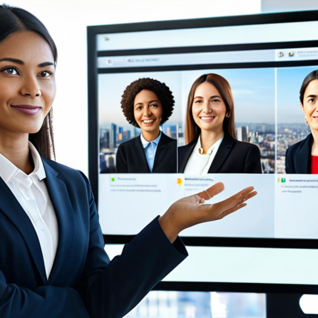 A professional businesswoman in a modest, dark business suit, confidently leading a virtual meeting on a large screen displaying diverse international faces in a modern, sunlit office. She is fully clothed, appropriate attire, gesturing naturally with well-formed hands, conveying clarity and strategic thinking. The background features a blurred cityscape. Perfect anatomy, correct proportions, natural pose, proper finger count, natural body proportions, professional photography, high-resolution, safe for work, appropriate content, professional, family-friendly.