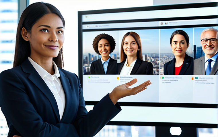 A professional businesswoman in a modest, dark business suit, confidently leading a virtual meeting on a large screen displaying diverse international faces in a modern, sunlit office. She is fully clothed, appropriate attire, gesturing naturally with well-formed hands, conveying clarity and strategic thinking. The background features a blurred cityscape. Perfect anatomy, correct proportions, natural pose, proper finger count, natural body proportions, professional photography, high-resolution, safe for work, appropriate content, professional, family-friendly.