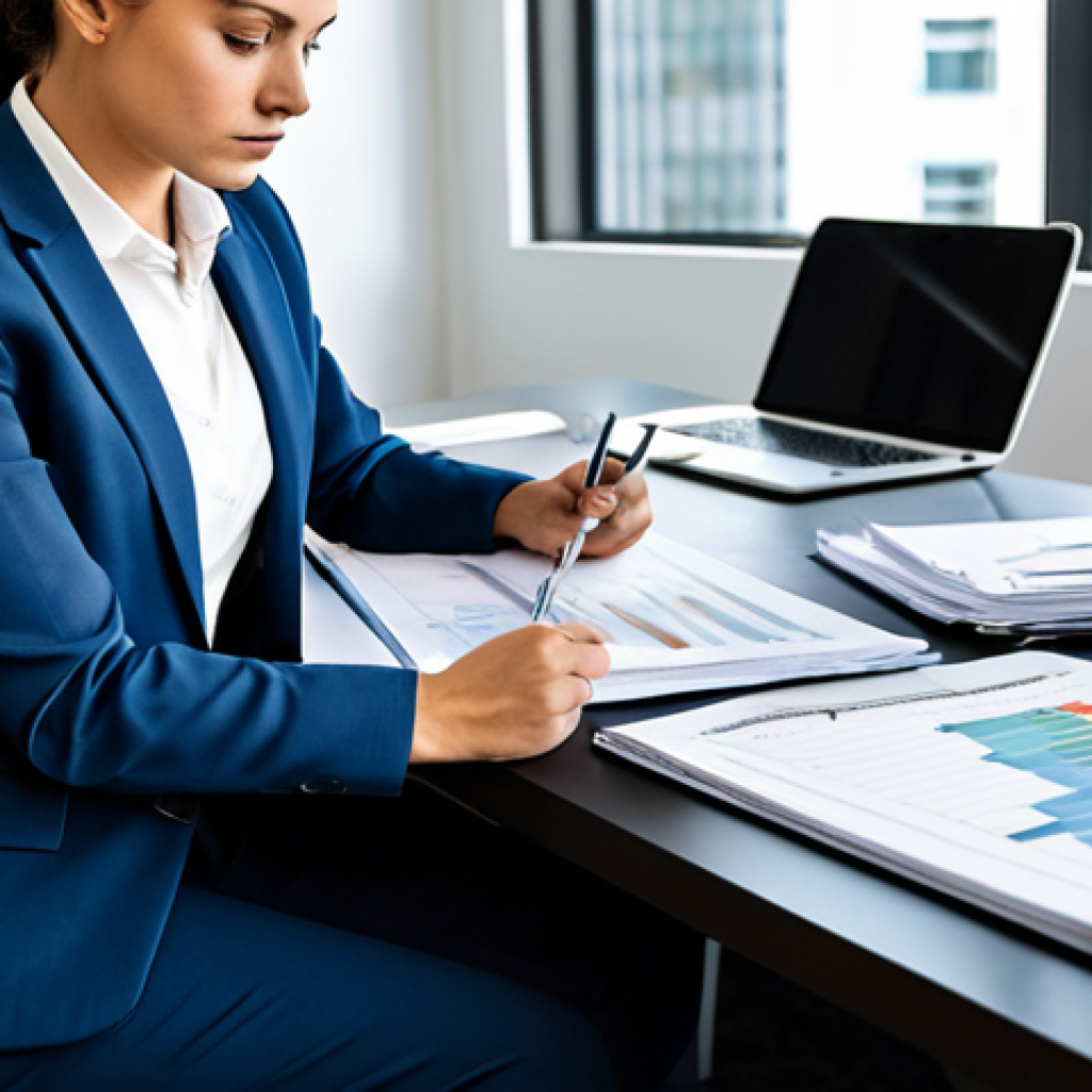 A professional business analyst, wearing a modest business suit, intently examining financial reports and strategic documents spread across a modern, organized office desk. The setting is a well-lit, contemporary corporate office. The individual exhibits perfect anatomy, correct proportions, and a natural pose, with well-formed hands and proper finger count. The image conveys professionalism, intelligence, and deep analytical thought. fully clothed, appropriate attire, professional dress, safe for work, appropriate content, professional, high quality, natural body proportions.
