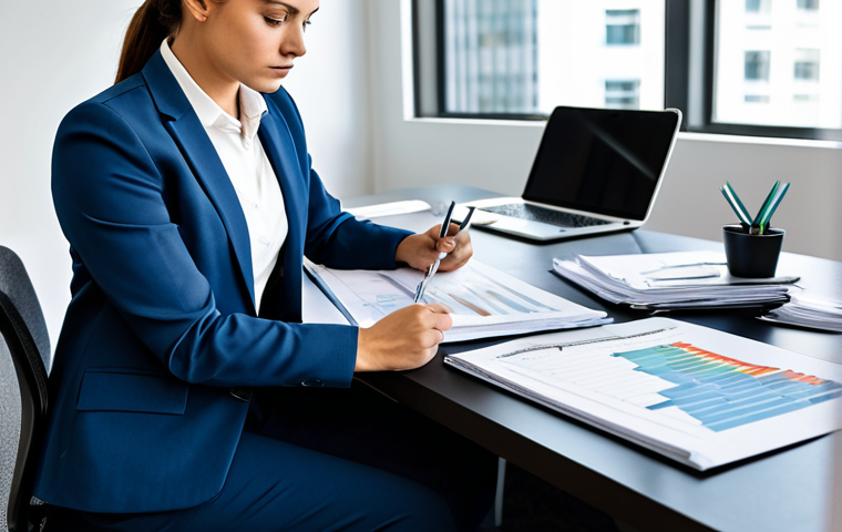 A professional business analyst, wearing a modest business suit, intently examining financial reports and strategic documents spread across a modern, organized office desk. The setting is a well-lit, contemporary corporate office. The individual exhibits perfect anatomy, correct proportions, and a natural pose, with well-formed hands and proper finger count. The image conveys professionalism, intelligence, and deep analytical thought. fully clothed, appropriate attire, professional dress, safe for work, appropriate content, professional, high quality, natural body proportions.