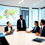 A diverse group of business professionals, fully clothed in modest business attire, gathered around a large, modern conference table. They are actively engaged in a collaborative discussion, sharing ideas and insights related to international e-commerce. Their expressions convey shared motivation, confidence, and mutual support as they learn and network. The setting is a bright, contemporary office space with subtle global maps and digital screens displaying international business data in the background. Appropriate content, safe for work, professional dress, fully clothed, perfect anatomy, correct proportions, natural pose, well-formed hands, proper finger count, natural body proportions, professional photography, high quality.