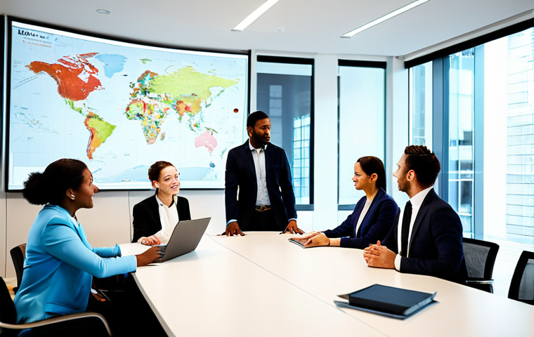 A diverse group of business professionals, fully clothed in modest business attire, gathered around a large, modern conference table. They are actively engaged in a collaborative discussion, sharing ideas and insights related to international e-commerce. Their expressions convey shared motivation, confidence, and mutual support as they learn and network. The setting is a bright, contemporary office space with subtle global maps and digital screens displaying international business data in the background. Appropriate content, safe for work, professional dress, fully clothed, perfect anatomy, correct proportions, natural pose, well-formed hands, proper finger count, natural body proportions, professional photography, high quality.
