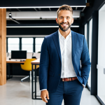 **

A successful entrepreneur, fully clothed in a stylish business casual outfit, standing confidently in a modern co-working space, appropriate attire, safe for work, perfect anatomy, natural pose, professional photography, bright lighting, family-friendly.

**