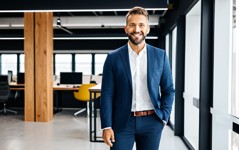 **
A successful entrepreneur, fully clothed in a stylish business casual outfit, standing confidently in a modern co-working space, appropriate attire, safe for work, perfect anatomy, natural pose, professional photography, bright lighting, family-friendly.
**