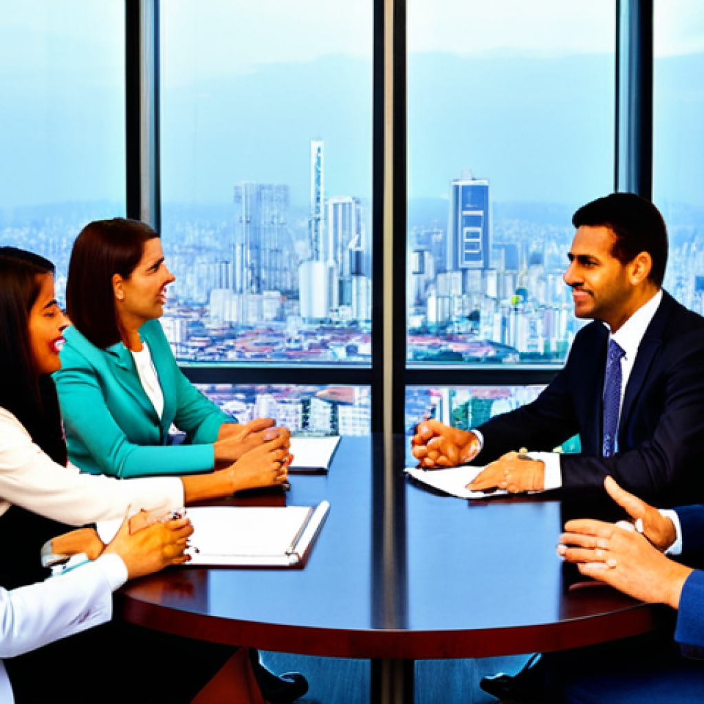 International Business Meeting**

"A brightly lit conference room in São Paulo, Brazil.  A diverse group of professionals, all fully clothed in modest business attire, are engaged in a negotiation.  Emphasis on eye contact and positive body language.  Behind them, a cityscape view of São Paulo.  Perfect anatomy, well-formed hands, proper finger count, natural pose, safe for work, appropriate content, professional, family-friendly."

**