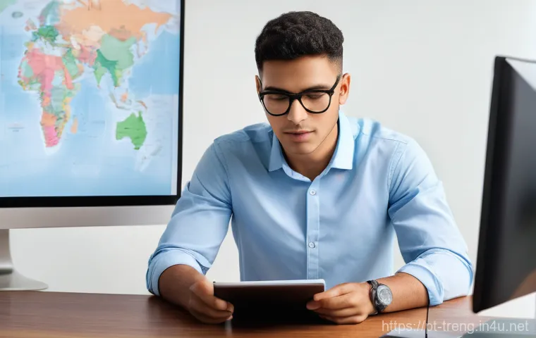 무역영어 필기시험 대비 주요 학습 자료 활용법 - A focused young professional, a person of Brazilian descent, is actively studying "English for Globa...