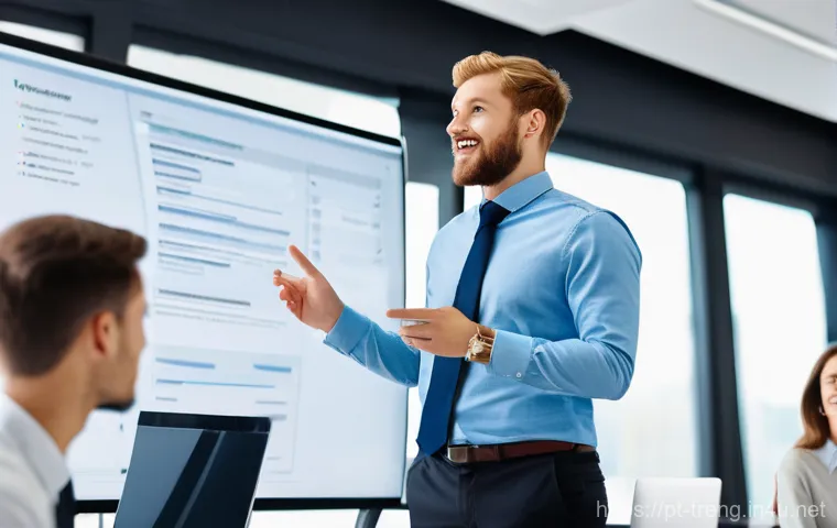 무역영어 학습과 실무의 융합 사례 - **Prompt:** A diverse group of young professionals in a sleek, modern co-working space, actively eng...