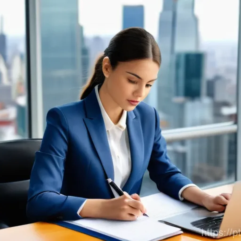 무역영어 실기시험에서 고득점 비법 - **Prompt:** A highly focused young professional, dressed in smart business attire (a tailored blazer...