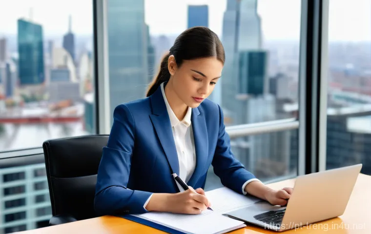 무역영어 실기시험에서 고득점 비법 - **Prompt:** A highly focused young professional, dressed in smart business attire (a tailored blazer...