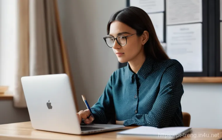 무역영어 필기시험 대비에서 발생한 주요 도전 - **Prompt:** A focused professional in their late 20s or early 30s, dressed in a smart, modest blouse...