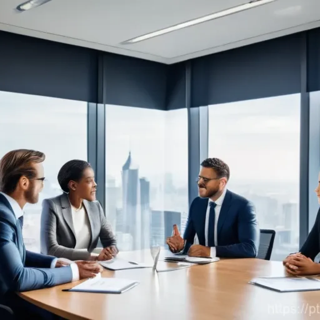 무역영어와 글로벌 커리어 계획 - **Prompt:** A diverse group of four business professionals, two men and two women, dressed in modern...