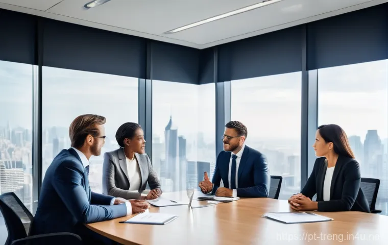 무역영어와 글로벌 커리어 계획 - **Prompt:** A diverse group of four business professionals, two men and two women, dressed in modern...