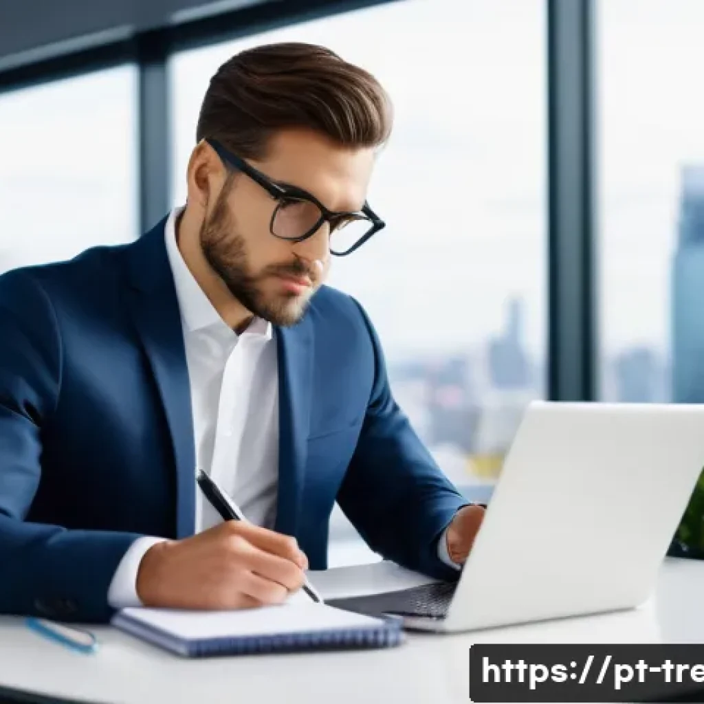 무역영어 학습에서 실수를 극복하는 방법 - A focused young professional, dressed in smart business attire including a well-fitted blazer and ta...