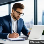 무역영어 학습에서 실수를 극복하는 방법 - A focused young professional, dressed in smart business attire including a well-fitted blazer and ta...