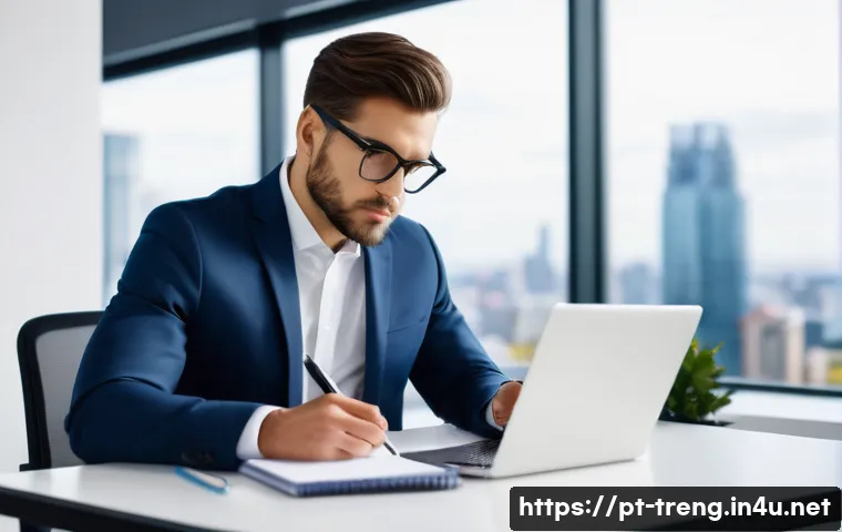 무역영어 학습에서 실수를 극복하는 방법 - A focused young professional, dressed in smart business attire including a well-fitted blazer and ta...