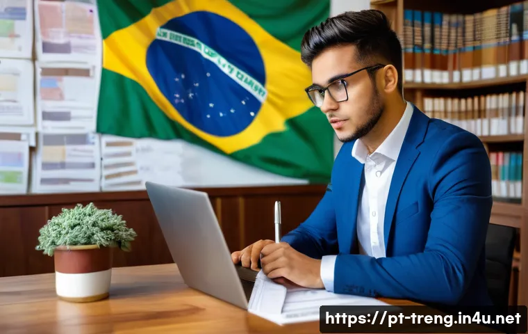 무역영어 실기시험 준비와 피드백 활용법 - A modern, well-lit study room with a young Brazilian professional sitting at a wooden desk, surround...