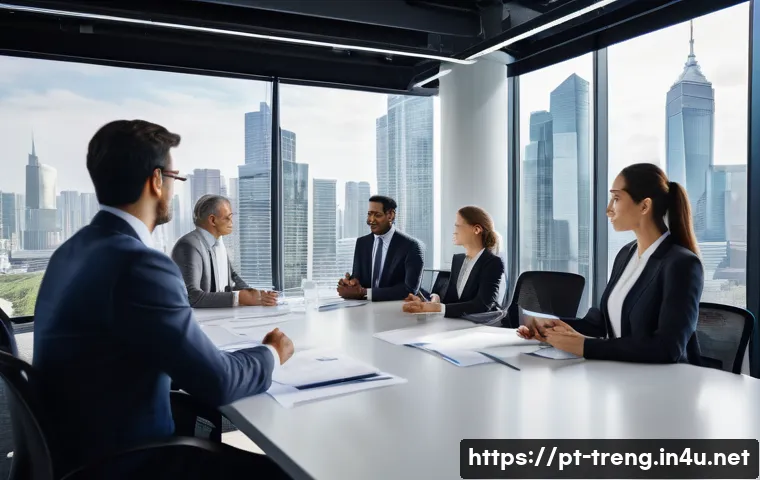 무역영어 필기시험을 위한 참고 자료 - A professional business meeting scene set in a modern office with diverse international businesspeop...