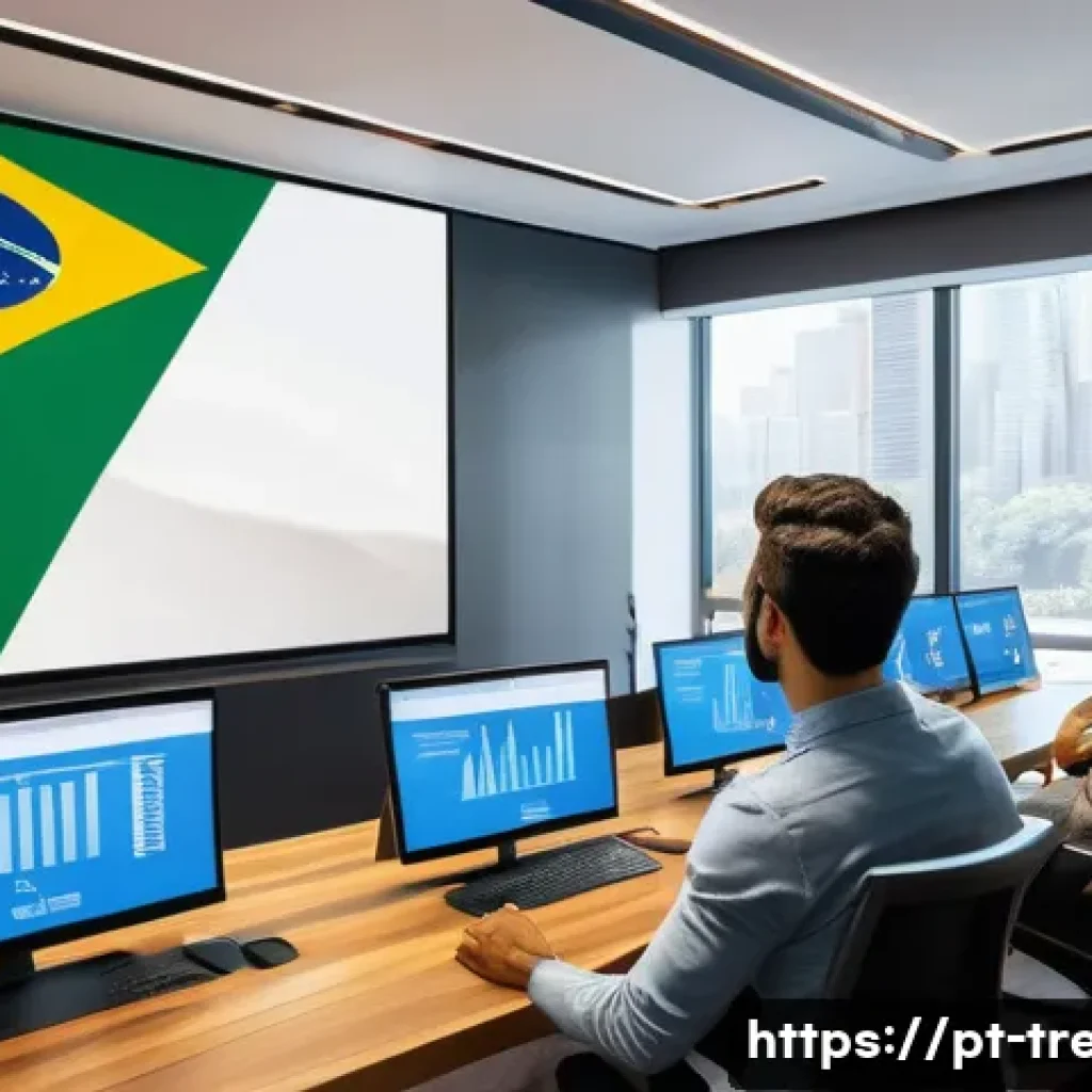 무역영어 학습법을 개선하는 팁 - A modern workspace scene showing a diverse group of young professionals from Brazil engaged in a vir...