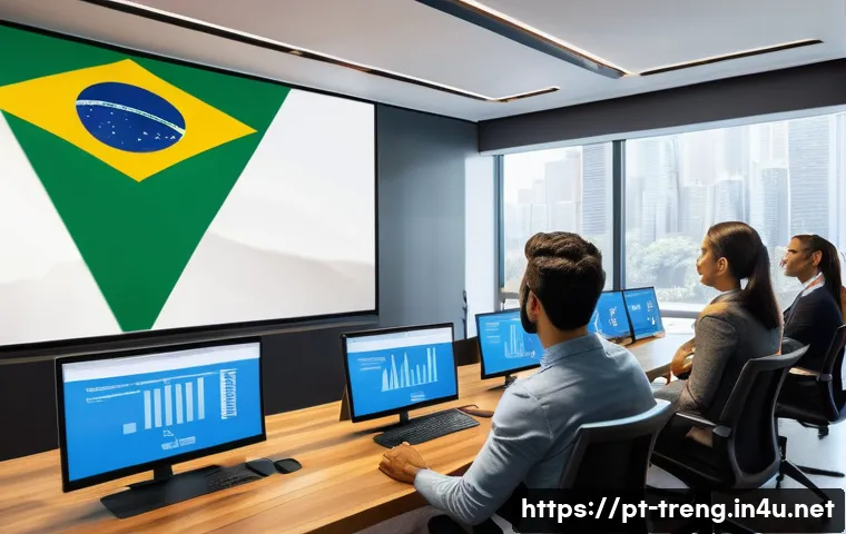 무역영어 학습법을 개선하는 팁 - A modern workspace scene showing a diverse group of young professionals from Brazil engaged in a vir...