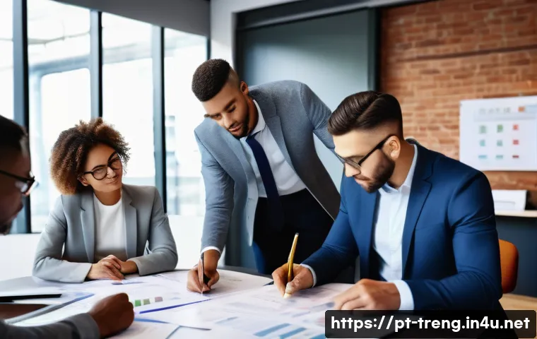 무역영어 필기시험 유형 분석 - A professional office setting with a diverse group of businesspeople studying international trade do...