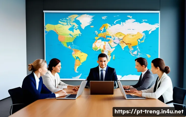 무역영어와 글로벌 무역 커뮤니케이션 - A professional international business meeting scene with diverse participants from different cultura...