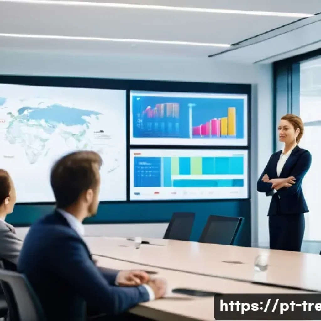 무역영어 자격증의 글로벌 취업 활용 사례 - A professional businesswoman confidently presenting in a modern multinational corporate office, wear...
