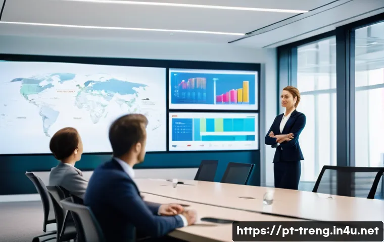 무역영어 자격증의 글로벌 취업 활용 사례 - A professional businesswoman confidently presenting in a modern multinational corporate office, wear...