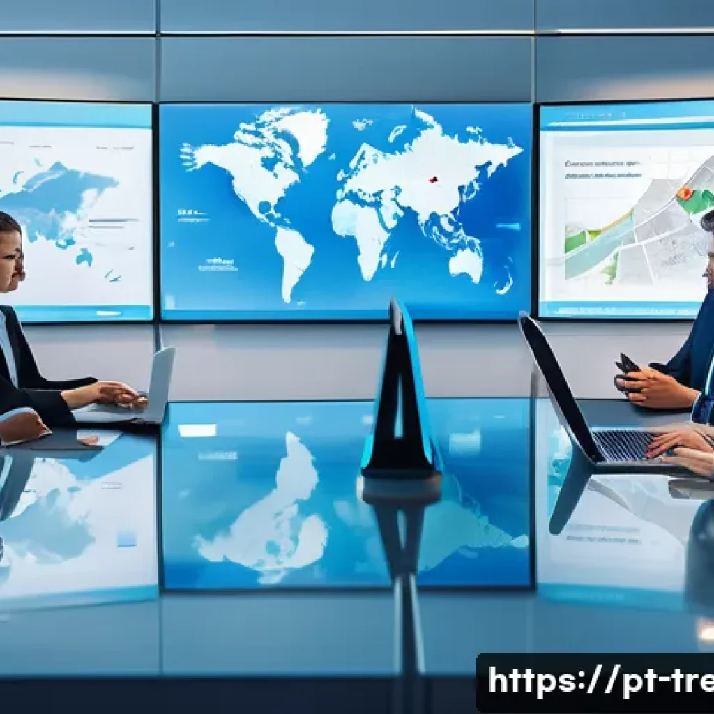 무역영어 시험과 무역 실무의 차이 - A modern international business office scene showing diverse professionals engaged in a dynamic virt...