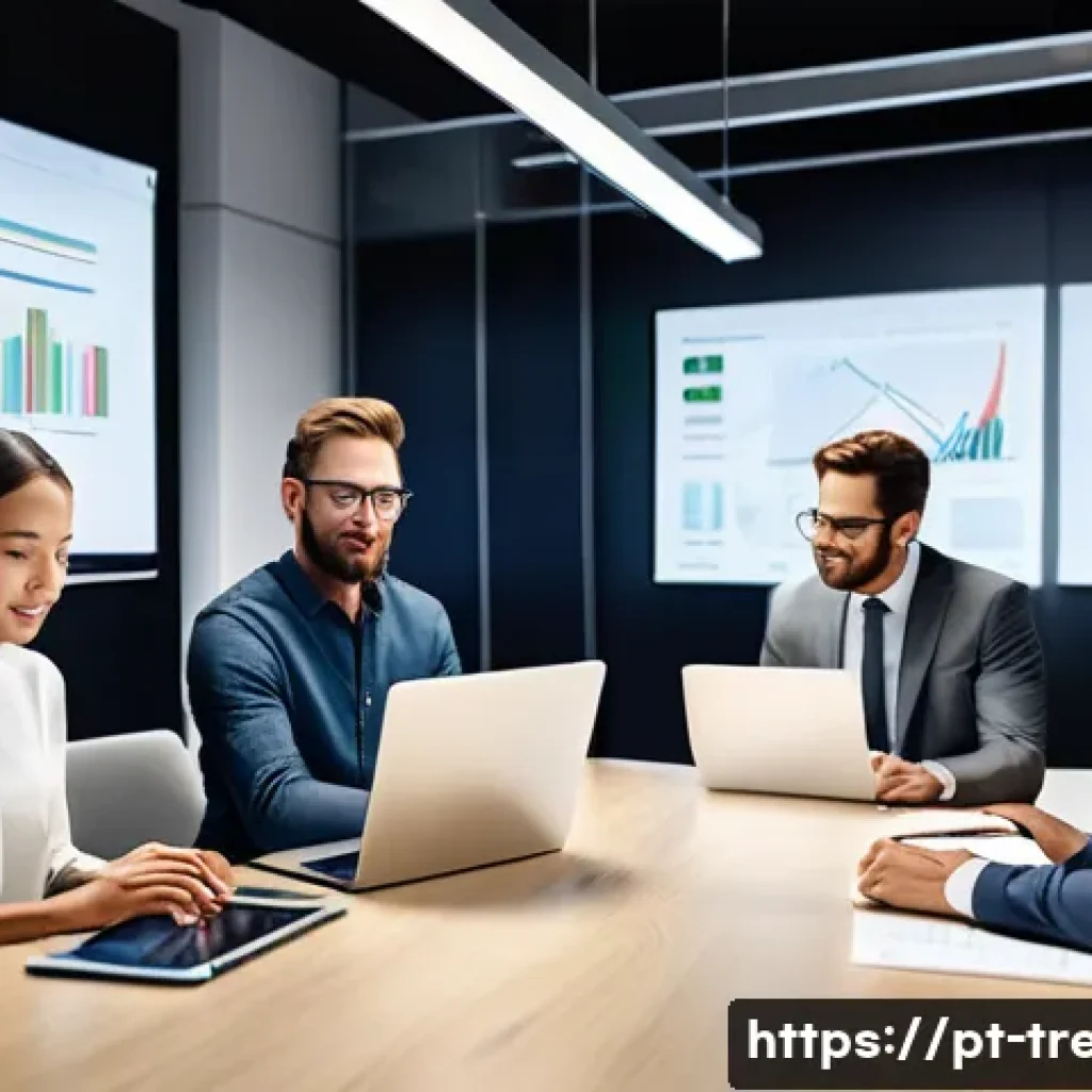 무역영어를 공부하는 직장인 팁 - A modern office scene showing a diverse group of professionals collaborating around a conference tab...