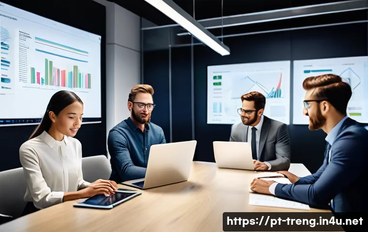 무역영어를 공부하는 직장인 팁 - A modern office scene showing a diverse group of professionals collaborating around a conference tab...