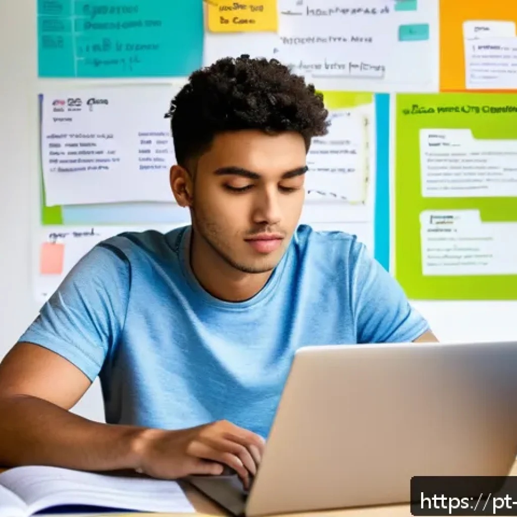 무역영어 필기시험 대비 자료 정리 방법 - A modern study room scene featuring a young adult sitting at a tidy wooden desk with a laptop open, ...
