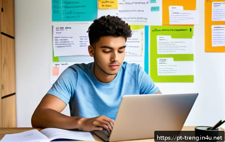 무역영어 필기시험 대비 자료 정리 방법 - A modern study room scene featuring a young adult sitting at a tidy wooden desk with a laptop open, ...