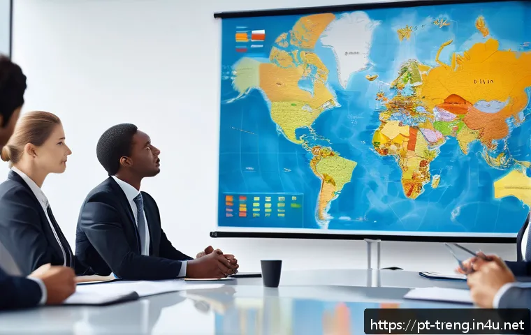 무역영어 시험 대비 과정에서 배운 중요한 교훈 - A modern corporate office scene showing a diverse group of professionals engaged in an international...
