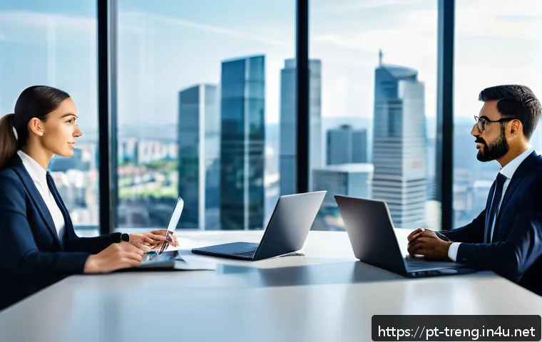 무역영어 학습의 경제적 투자 가치 - A diverse group of professional businesspeople in a modern office setting, engaged in a dynamic inte...