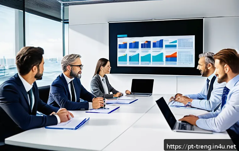 무역영어 시험 대비와 실전 문제풀이 - A modern office scene showing a diverse group of international business professionals engaged in a v...