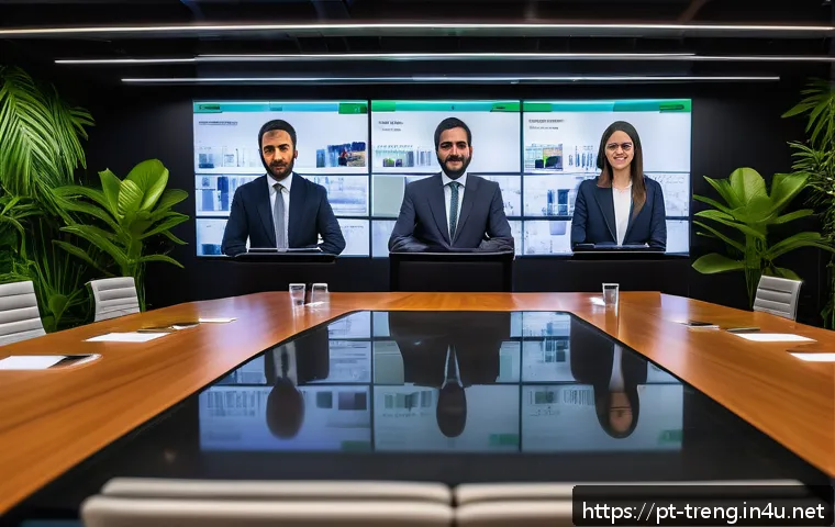 무역영어를 통한 전문 지식 개발 - A modern business meeting room in São Paulo, Brazil, with a diverse group of professionals in formal...
